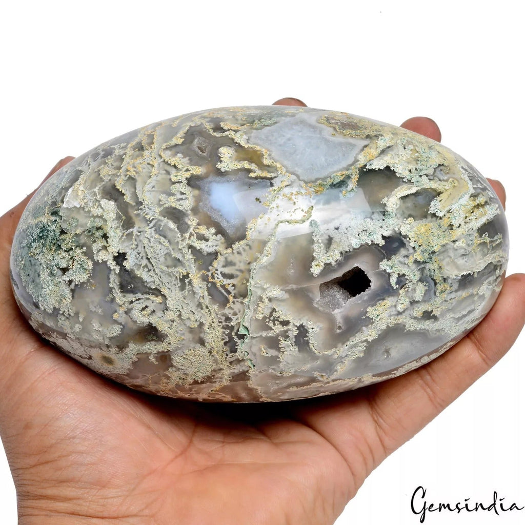 1.1 Kg Natural Dendrite Moss Agate Druzy Crystal Egg Geode Specimen Reiki Decor