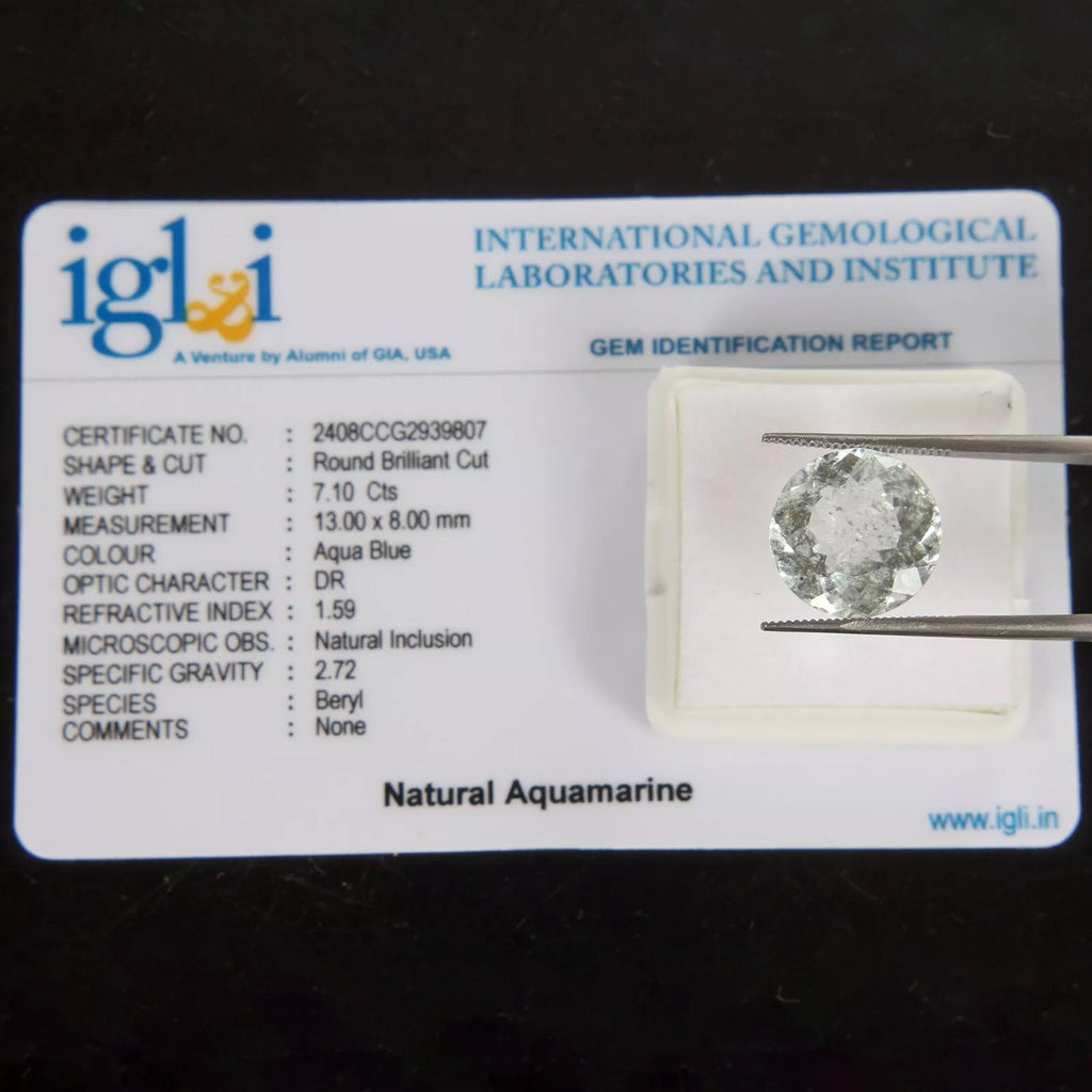 Natural Blue Aquamarine 7.10 Cts IGL&I Certified Loose 13mm Round Cut Gemstone