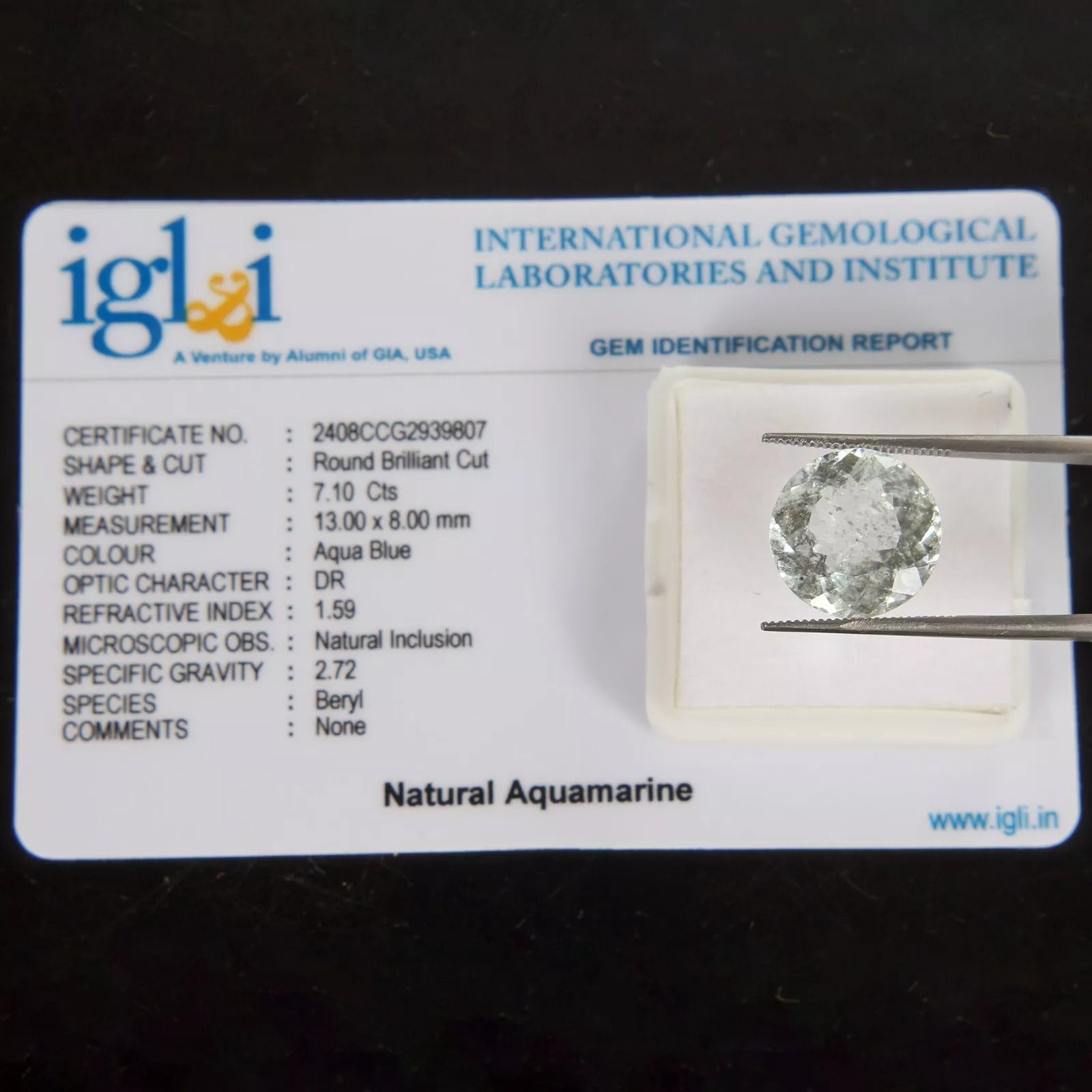 Natural Blue Aquamarine 7.10 Cts IGL&I Certified Loose 13mm Round Cut Gemstone