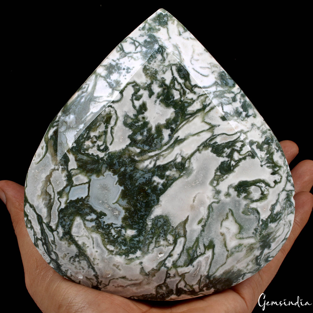 1.7 Kilo Natural Moss Agate Pear Faceted Museum Grade Rare Gemstone 5.5x5.3 in