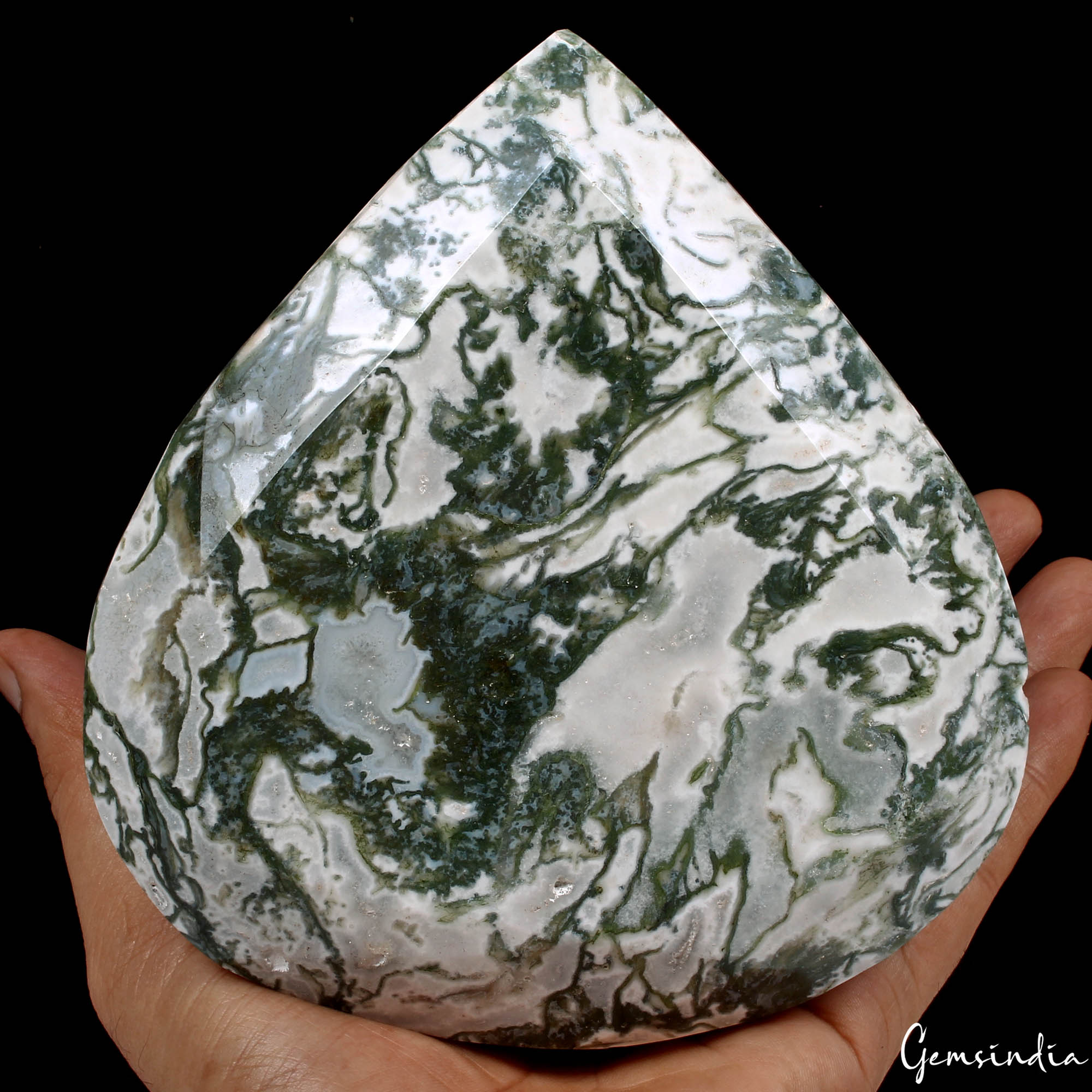 1.7 Kilo Natural Moss Agate Pear Faceted Museum Grade Rare Gemstone 5.5x5.3 in