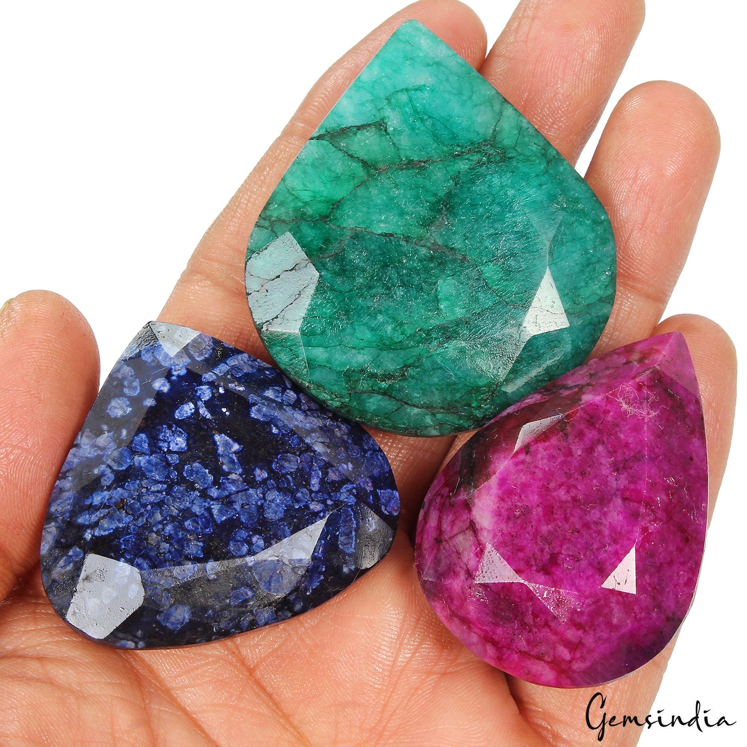 720 Ct/3 Pcs Natural Red Ruby, Blue Sapphire & Green Emerald Pear Cut Loose Gems