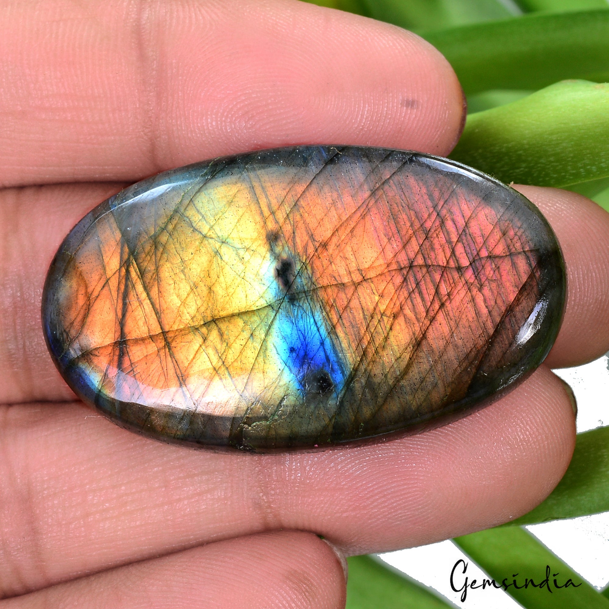 74.20 Ct Natural Peach Pink Blue Labradorite Oval Cab Certified Loose Gemstone