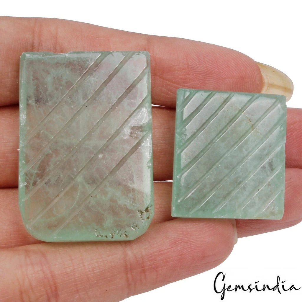 168 Cts/2 Pcs Natural Untreated Green Fluorite Baguette Cut Floral Carved Gems