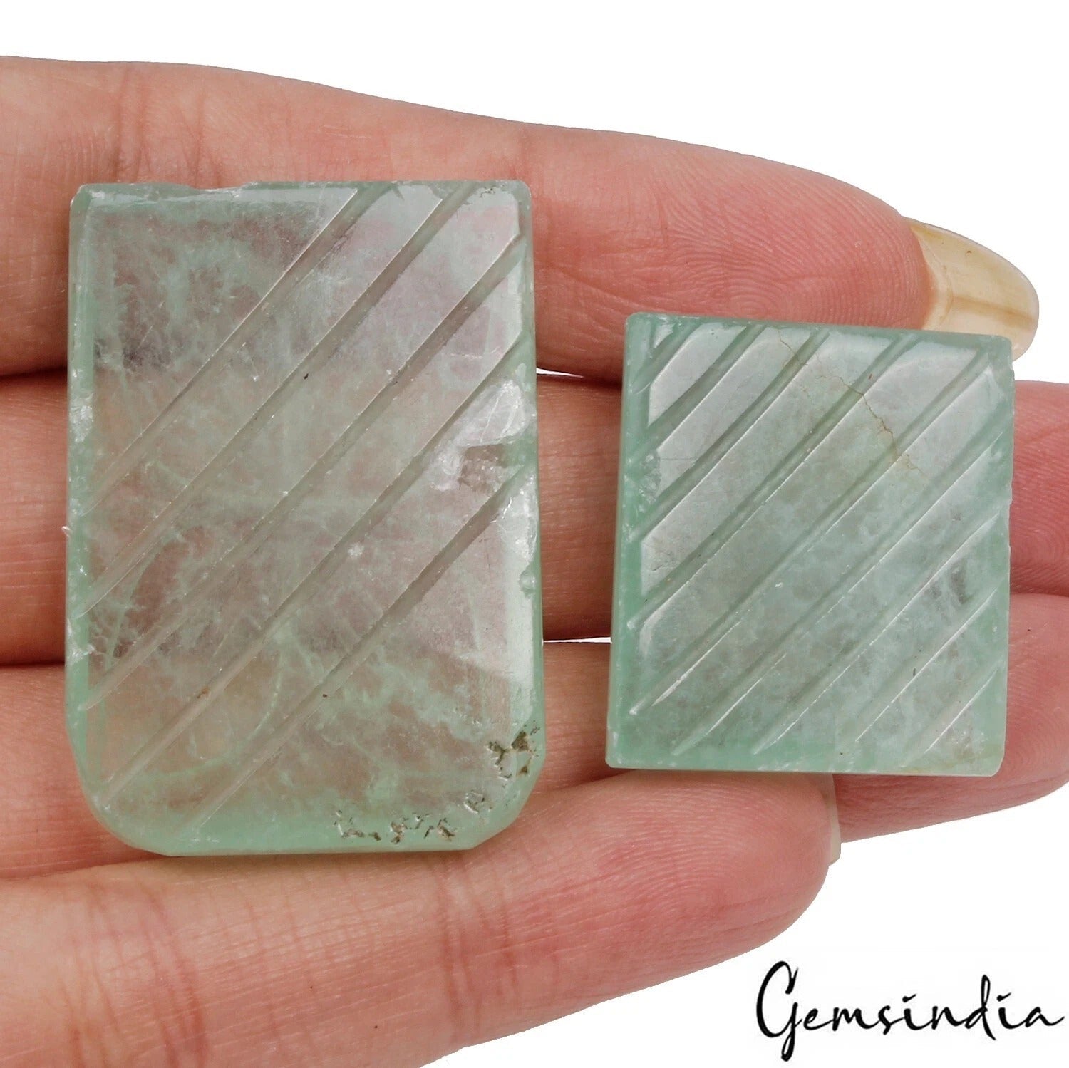 168 Cts/2 Pcs Natural Untreated Green Fluorite Baguette Cut Floral Carved Gems