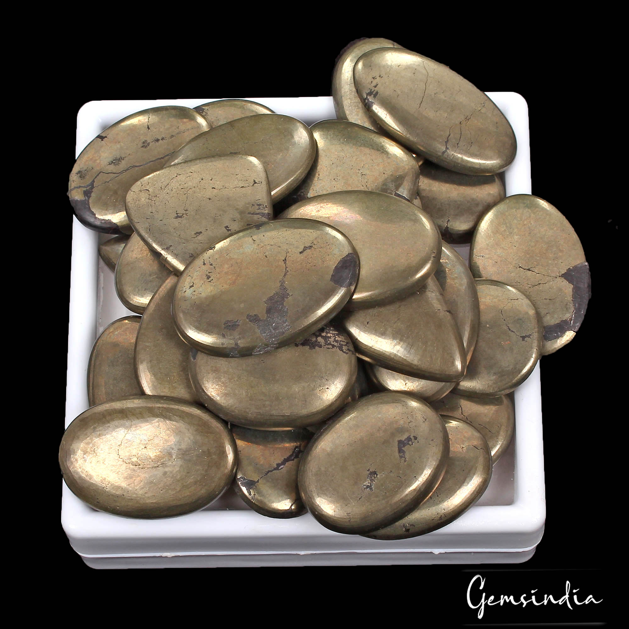 Pyrite Lot, Cabochon, Untreated, Gold — 29 Pieces, 29mm to 37mm, 1500 Ct
