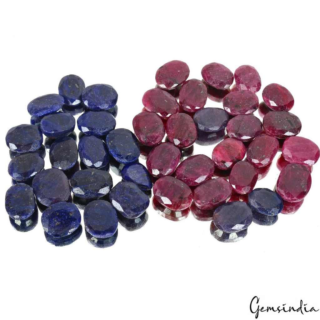 770 Ct/40 Pcs Natural Red Ruby Blue Sapphire Oval Cut Loose Gems Lot For Jewelry
