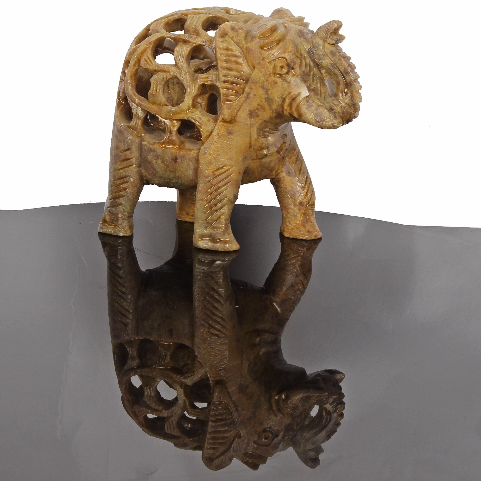 Hand Carved Elephant with Baby Inside Double Elephant Soapstone Figure ~ 1140 Ct