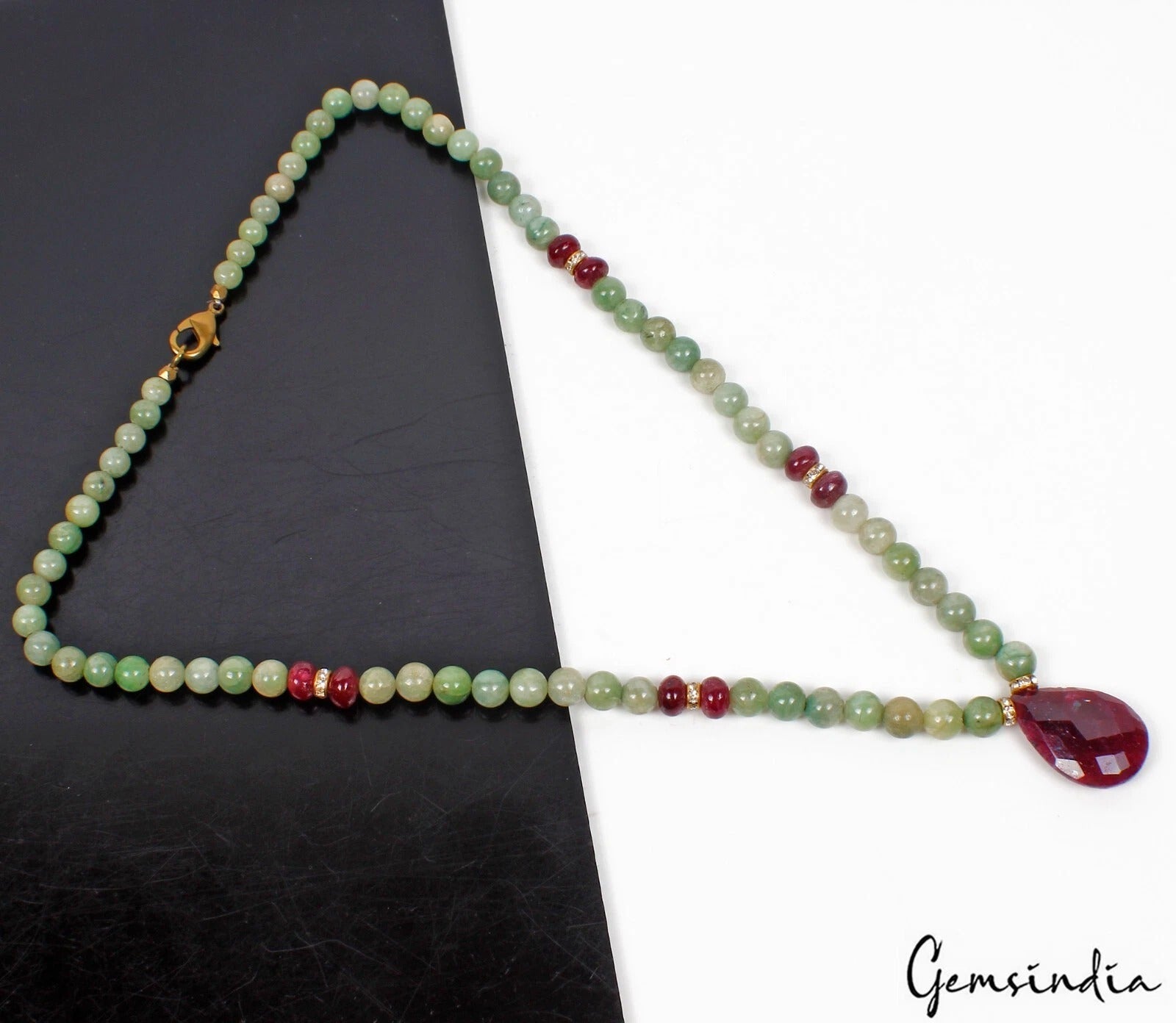 209.50 Cts Natural Green Emerald Red Ruby Beaded Handmade Designer Necklace 19"
