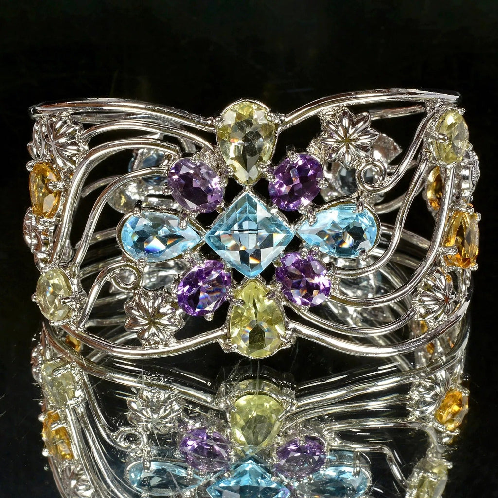 49gm Natural Unheated Multi Gemstone Huge 925 Sterling Silver Bracelet Hand Cuff