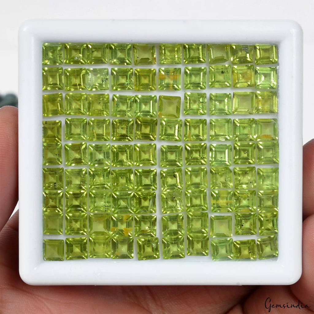 Certified 60 Cts Natural Green Peridot 3-4mm Square Faceted Cut Gemstones~ 90 Pc