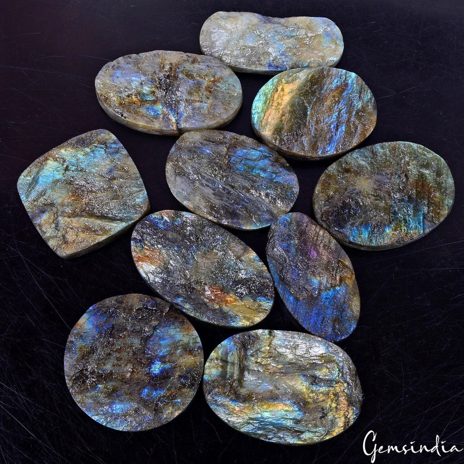 Natural Multi Shine Raw Rough Labradorite 1150 Cts Mix Cut Flat Back Gems Lot