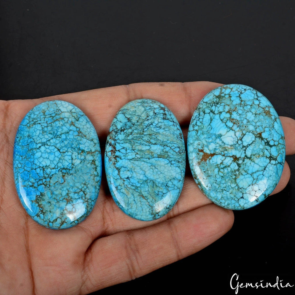 3 Pc Natural Blue Turquoise Spiderweb Oval Cabochon Huge 47-49mm Gemstones~300Ct
