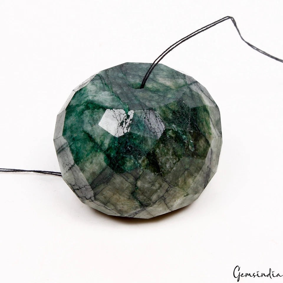 182 Ct Natural Green Emerald Round Faceted 31mm Drilled Huge Size Bead Gemstone