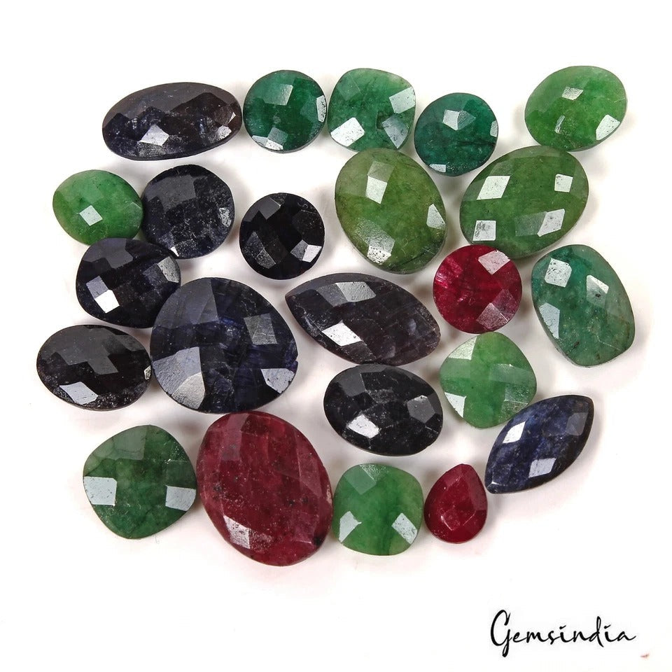 Certified 136 Ct Natural Ruby Emerald & Sapphire Mix Checker Cut Loose Gemstones