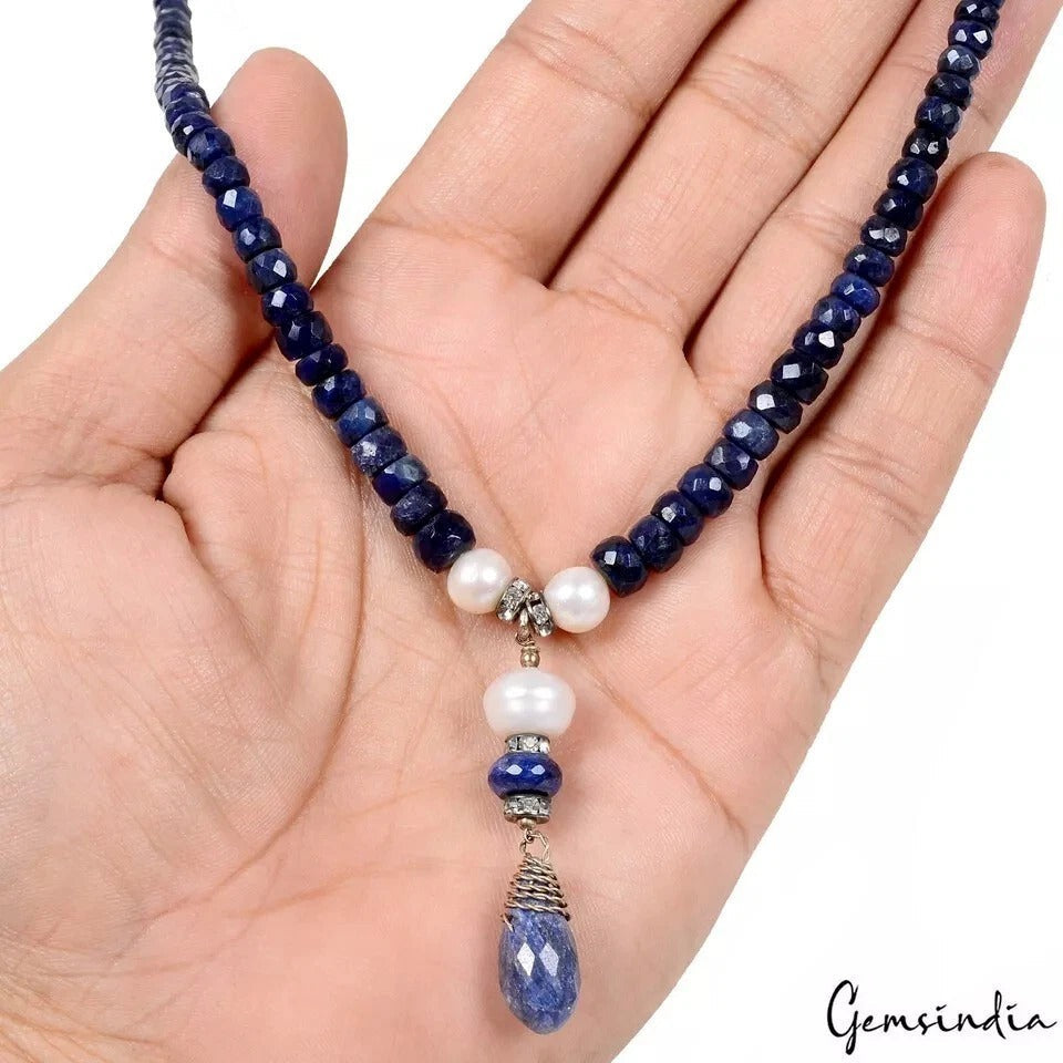 195.00 Ct Natural Blue Sapphire Round Beaded Single Line Handmade Necklace 19"