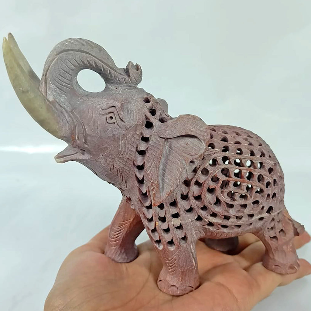 Hand crafted Soapstone Filigree 1540 Cts Trunk Up Elephant Home Decor Sculpture