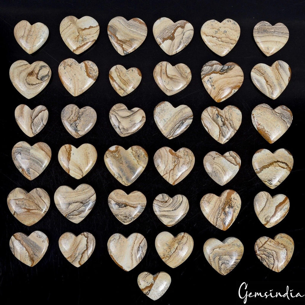 2500 Ct Natural Picture Jasper Handmade Cabochon Puffed Heart Loose Gems 37 Pcs