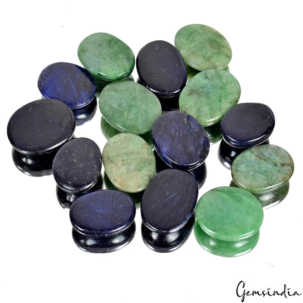 350 Ct/15Pcs Natural Green Emerald Blue Sapphire Oval Cab Loose Gems For Jewelry