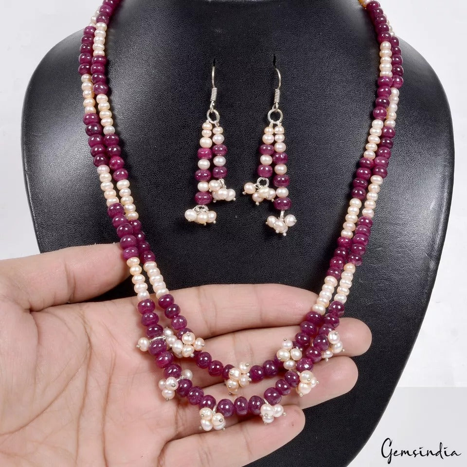 468.80 Ct Natural Red Ruby & Freshwater Pearl Beaded Handmade Necklace & Earring