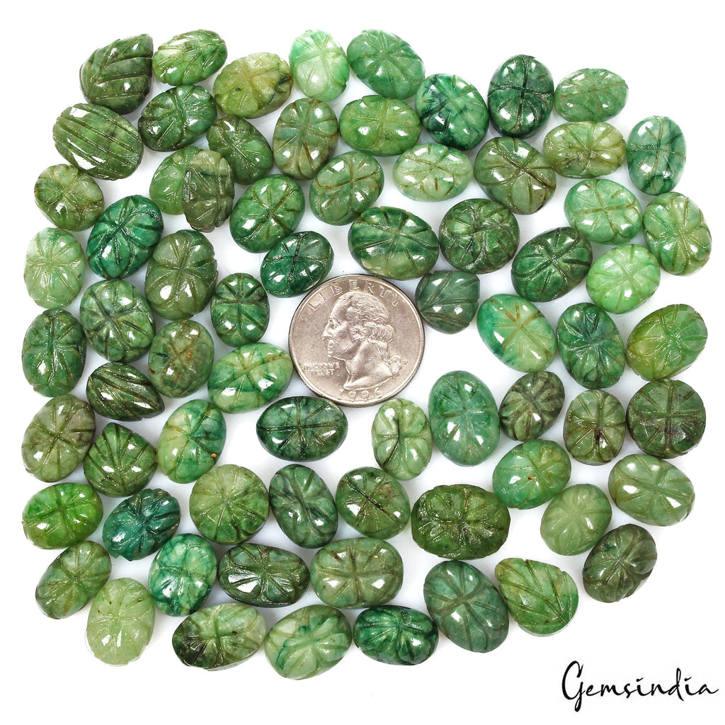 600 Cts/71 Pcs Natural Green Emerald Oval Hand Carved Loose Gems Lot For Jewelry