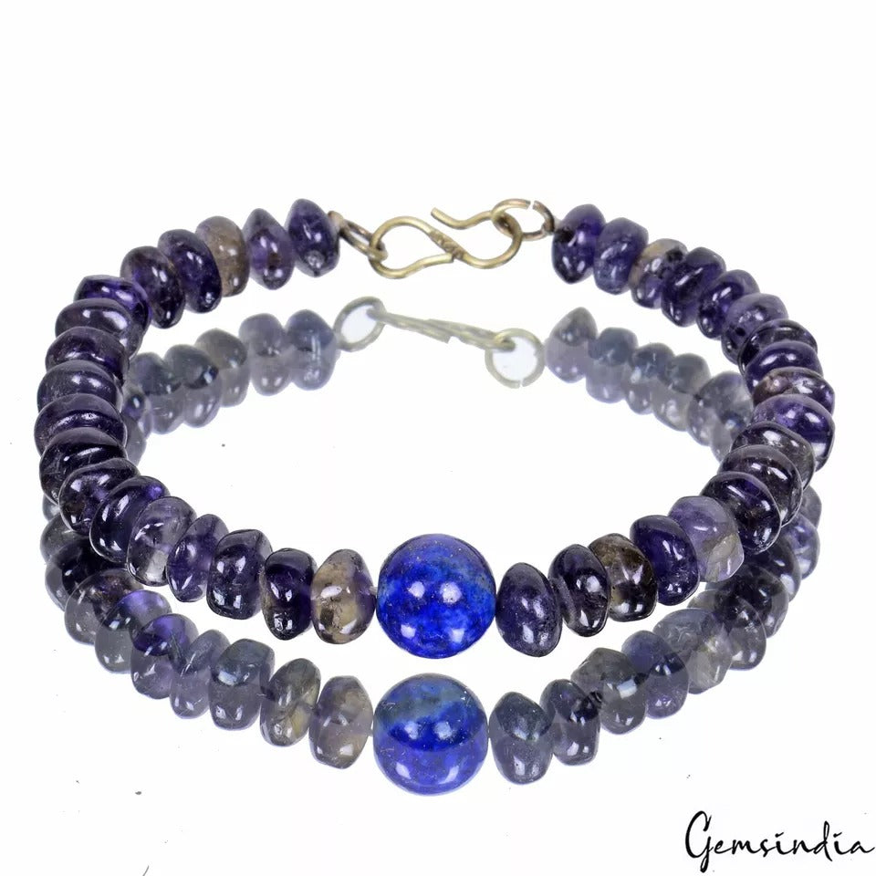 70.60 Ct Natural Blue Untreated Iolite Lapis Round Beaded Handmade Bracelet 6.5"