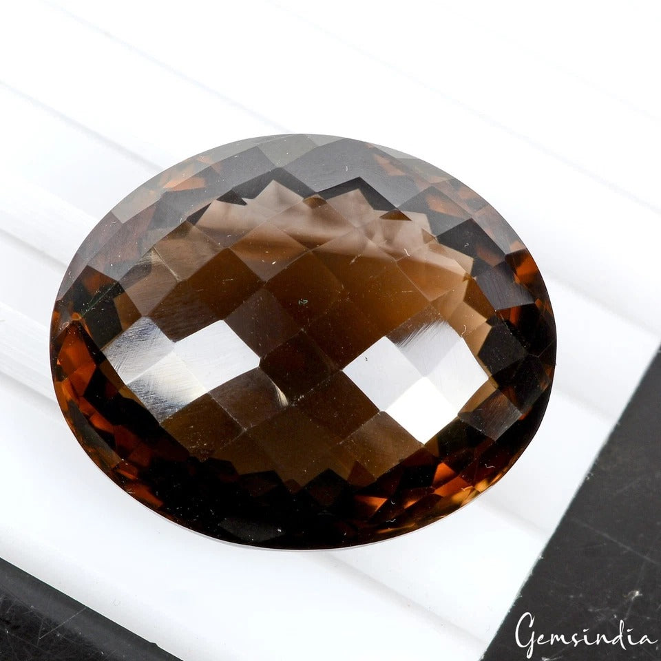 Smoky Quartz Loose Gemstone, Oval Checker Cut, Untreated — 31x25x15mm, 74.60 Ct, Madagascar