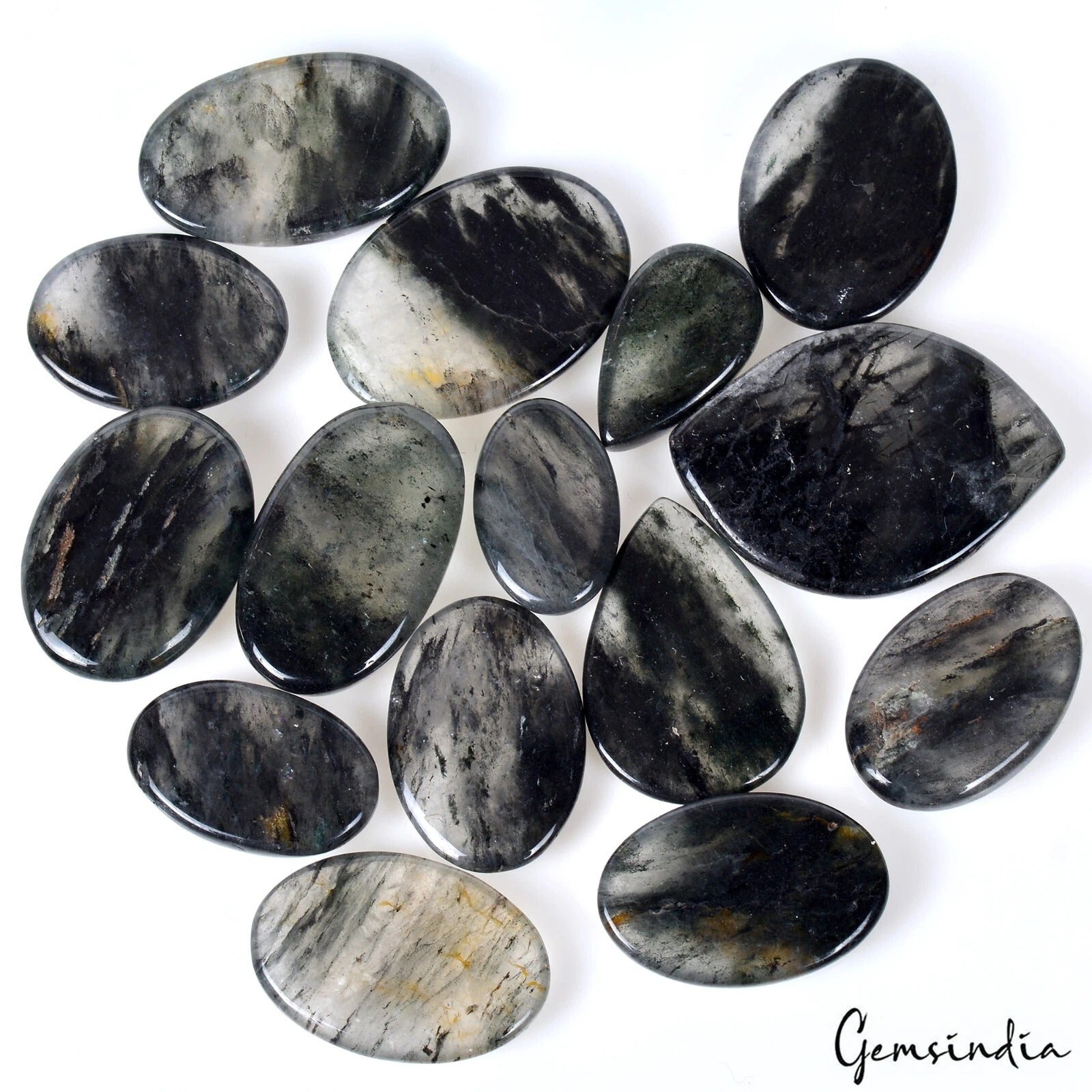 430 Cts/15 Pcs Natural Untreated Black Strong Rutilated Quartz Mix Cab Gems Lot
