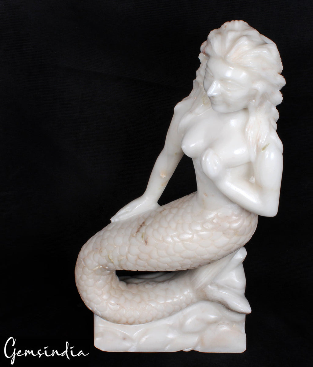 16.5 inch Tall Large White Marble Mermaid Hand Carved Figurine Statue 8.5 kilo