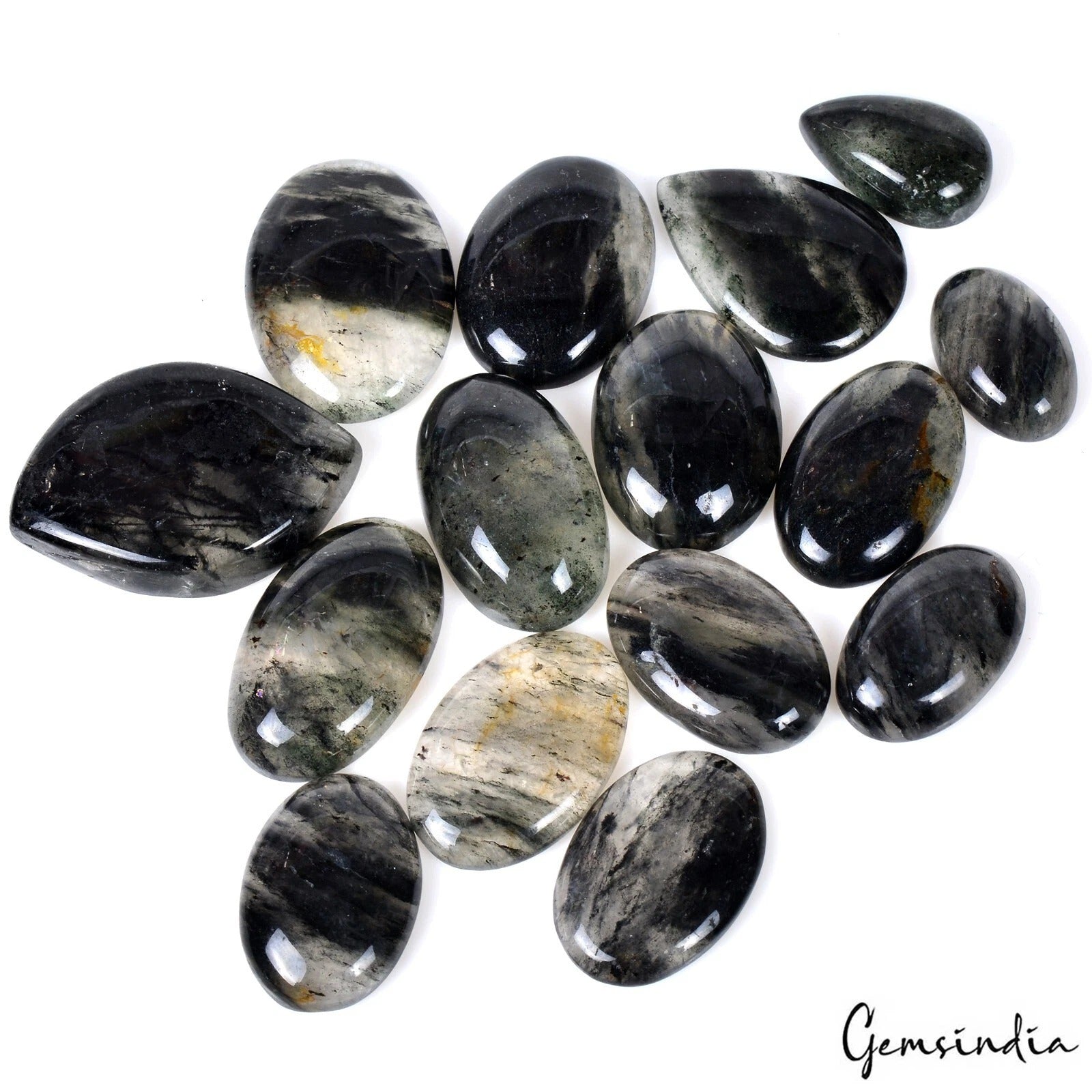 430 Cts/15 Pcs Natural Untreated Black Strong Rutilated Quartz Mix Cab Gems Lot