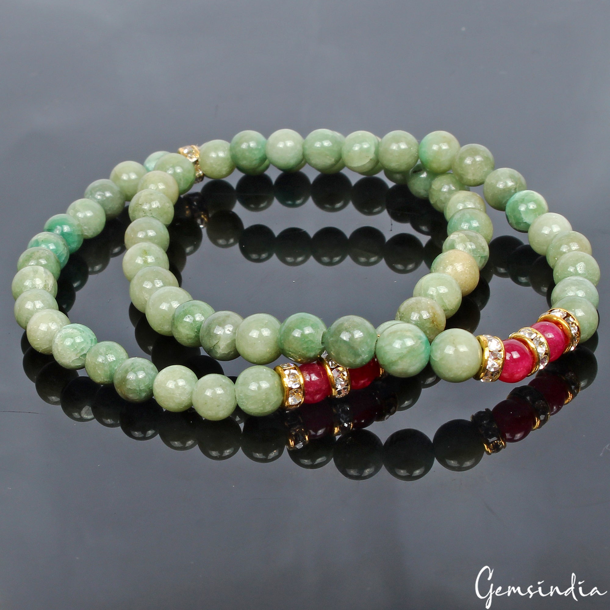 77.90 Ct Natural Emerald Ruby Round Bead Double Strand Stretchable Bracelet 6.5"