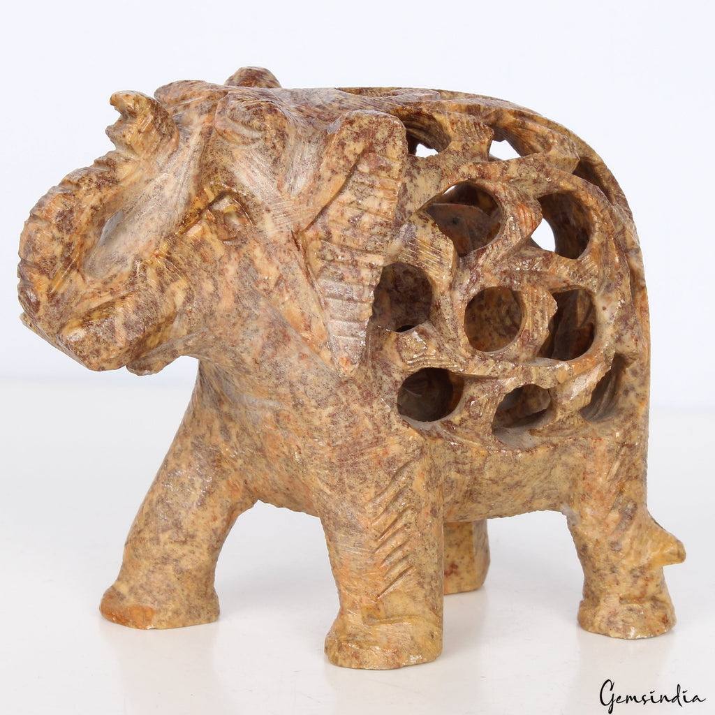 1490 Ct Soapstone Hand Carved Elephant With Baby Double Elephant Figurine Gems