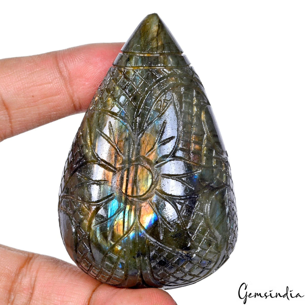 Labradorite Carving, Untreated, Peach — 68x45 mm, 840 Ct