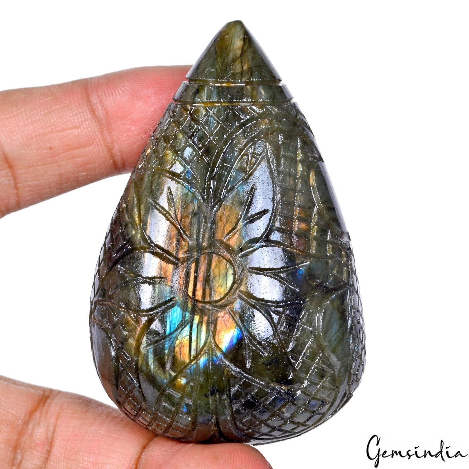 Labradorite Carving, Untreated, Peach — 68x45 mm, 840 Ct