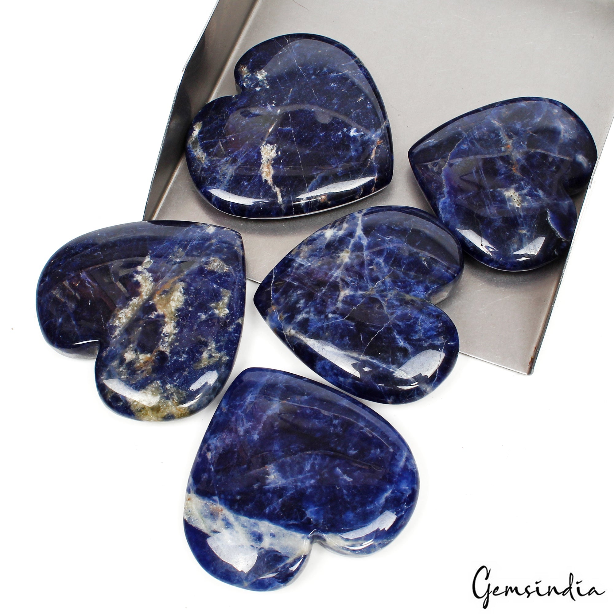 600 Ct/5 Pcs Natural Untreated Blue Sodalite Heart Cab Loose Gem Lot For Jewelry