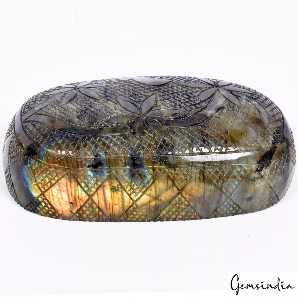 4340 Ct Natural Labradorite Multi Shine Floral Carved Oval Shape Large Gemstone