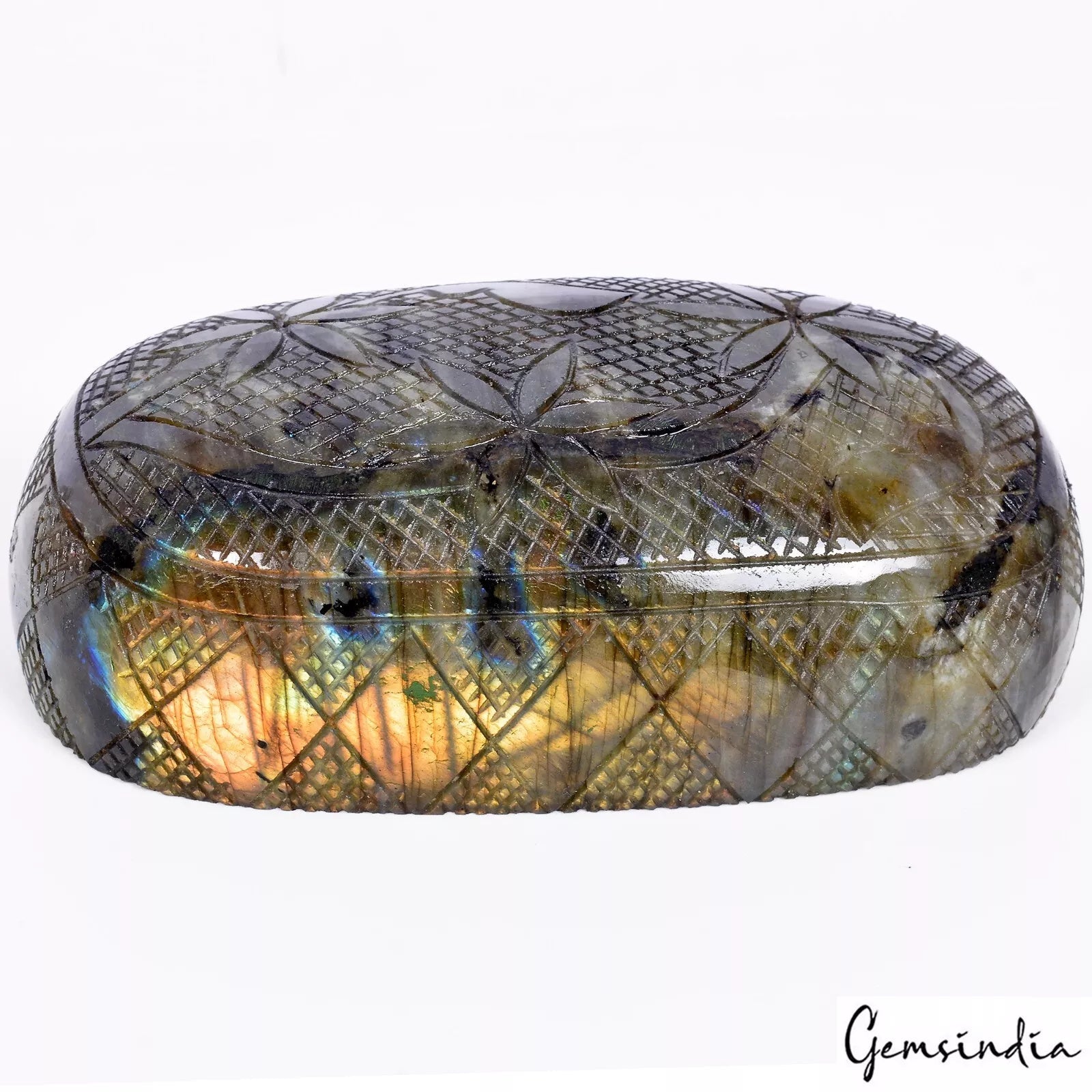 4340 Ct Natural Labradorite Multi Shine Floral Carved Oval Shape Large Gemstone