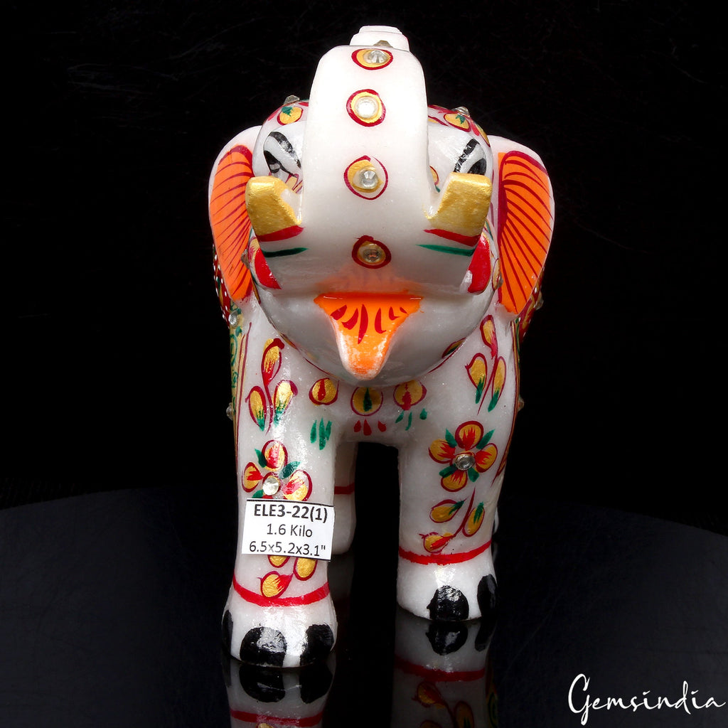1.6 Kg Marble Elephant Statue Trunk Up Hand Paint Indian Art Home Deor Figurine
