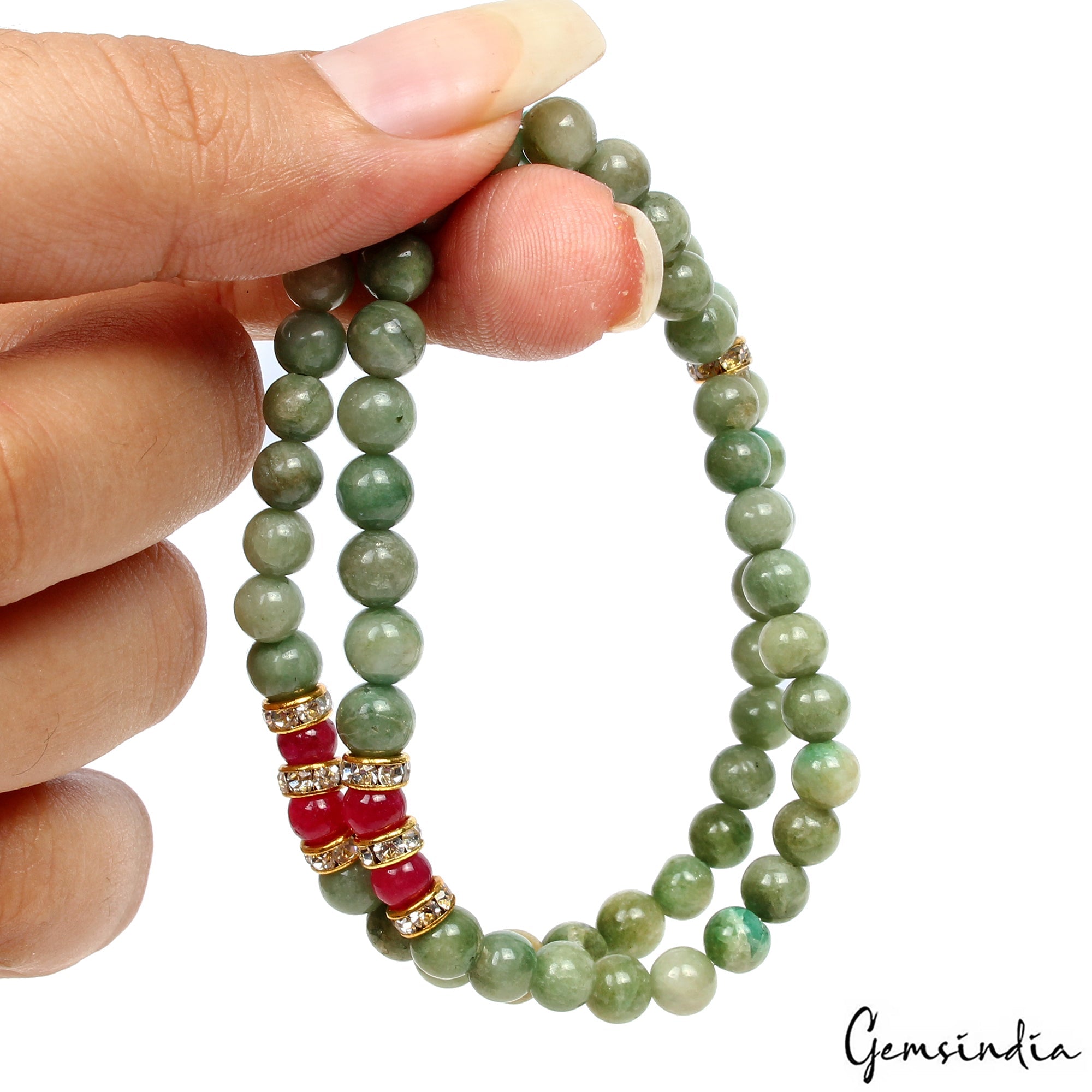 77.90 Ct Natural Emerald Ruby Round Bead Double Strand Stretchable Bracelet 6.5"