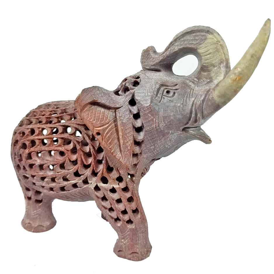Hand crafted Soapstone Filigree 1540 Cts Trunk Up Elephant Home Decor Sculpture