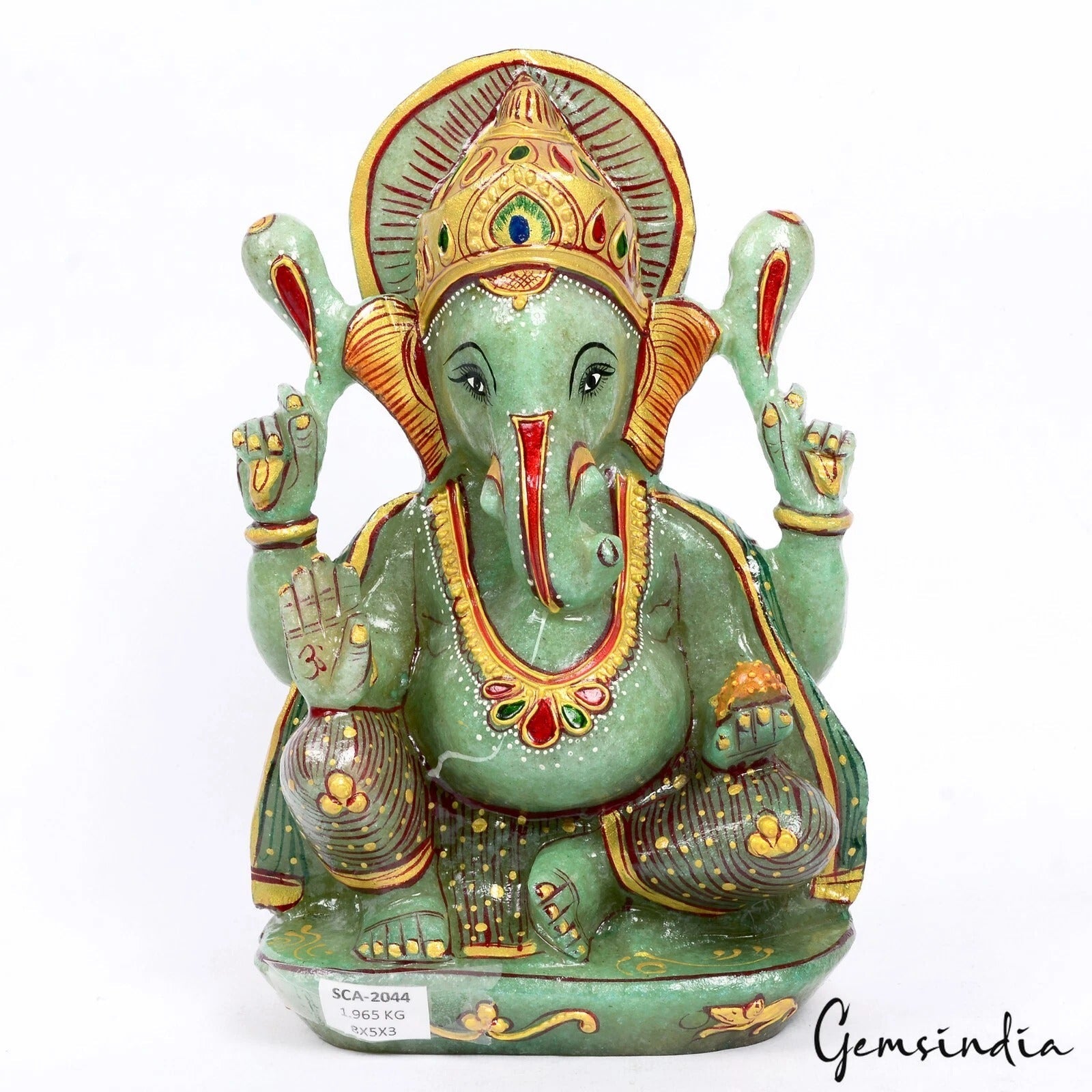 1.9 Kg Natural Aventurine Single Stone Carved Lord Ganesha Gold Paint Sculpture