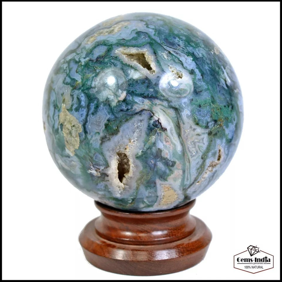4.5" Moss Agate Sphere Mineral Druzy Reiki Chakra Green Witch Crystal Globe Deco
