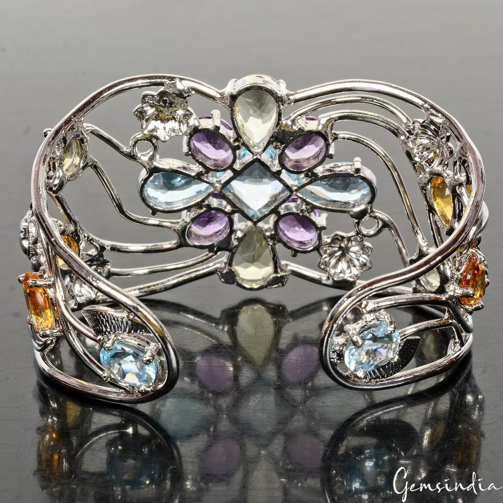 49gm Natural Unheated Multi Gemstone Huge 925 Sterling Silver Bracelet Hand Cuff