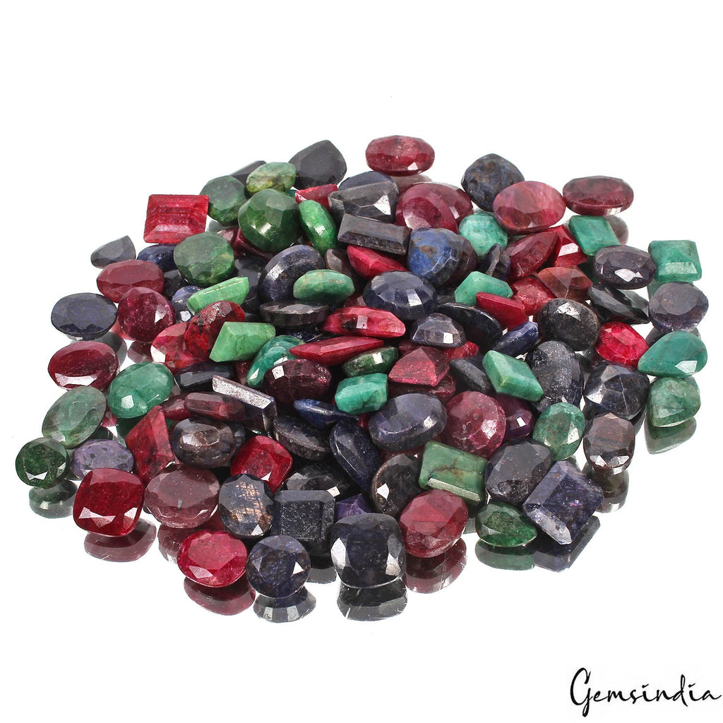 1400 Cts/123 Pcs Natural Red Ruby Green Emerald Blue Sapphire Mix Cut Loose Gems