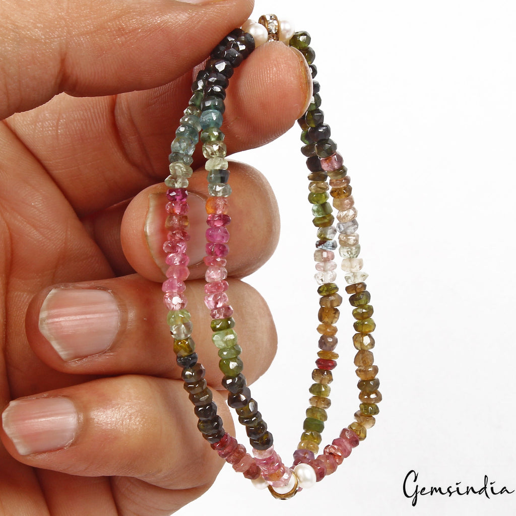 45.60 Cts Natural Multi Color Tourmaline Pearl Round Beaded Stretchable Bracelet