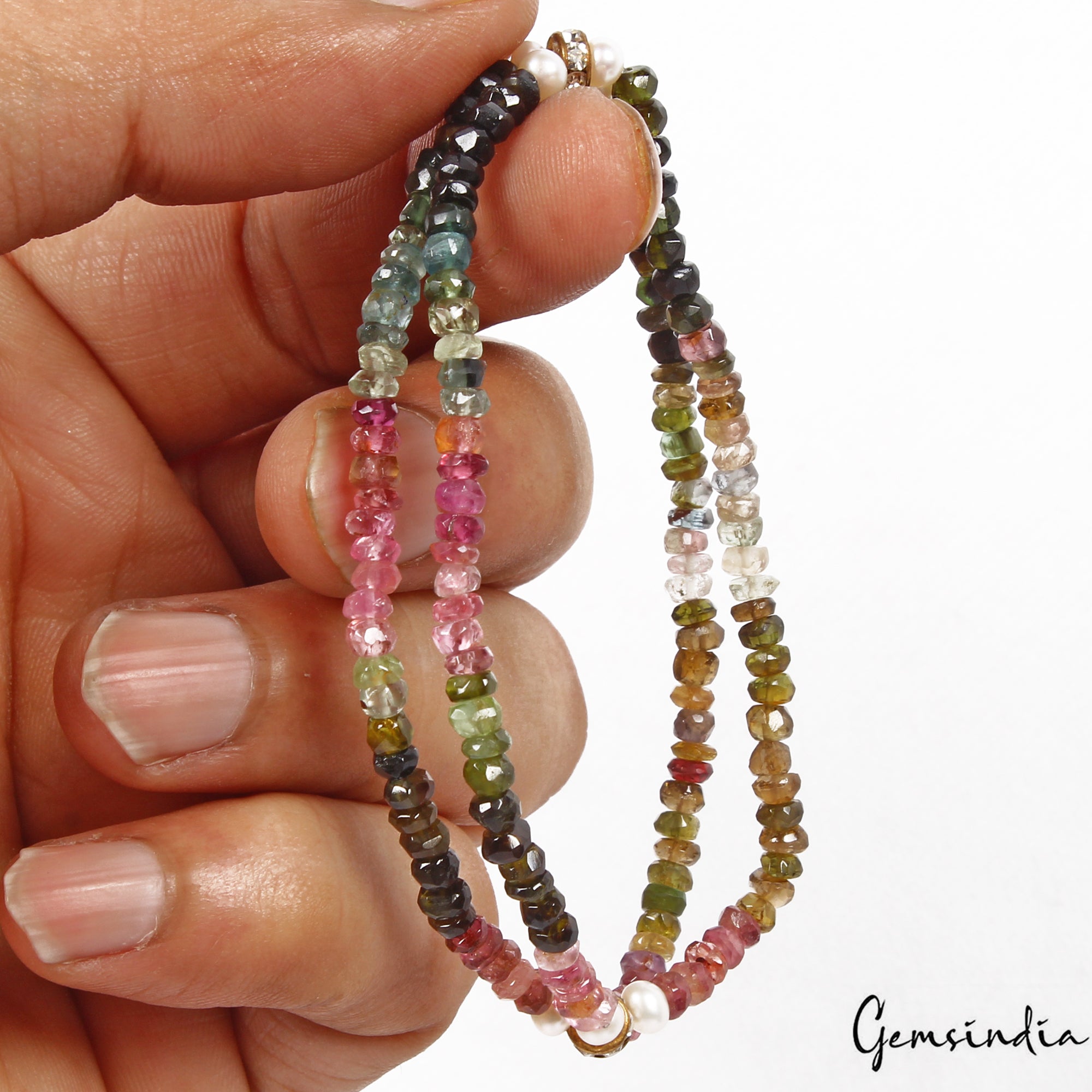 45.60 Cts Natural Multi Color Tourmaline Pearl Round Beaded Stretchable Bracelet