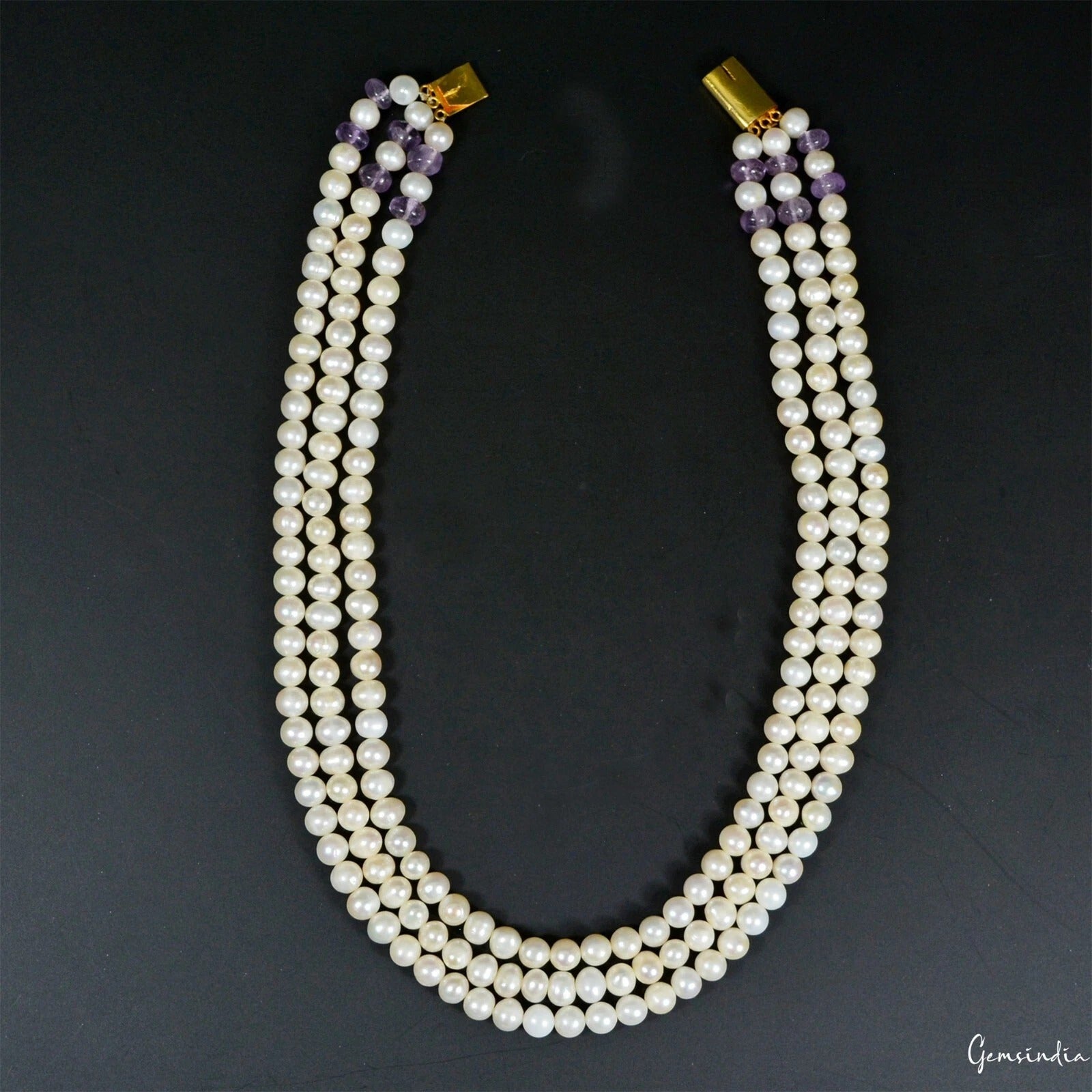 Genuine 680. 50Ct Freshwater Pearl & Amethyst 3 Strand Necklace Bracelet Jewelry