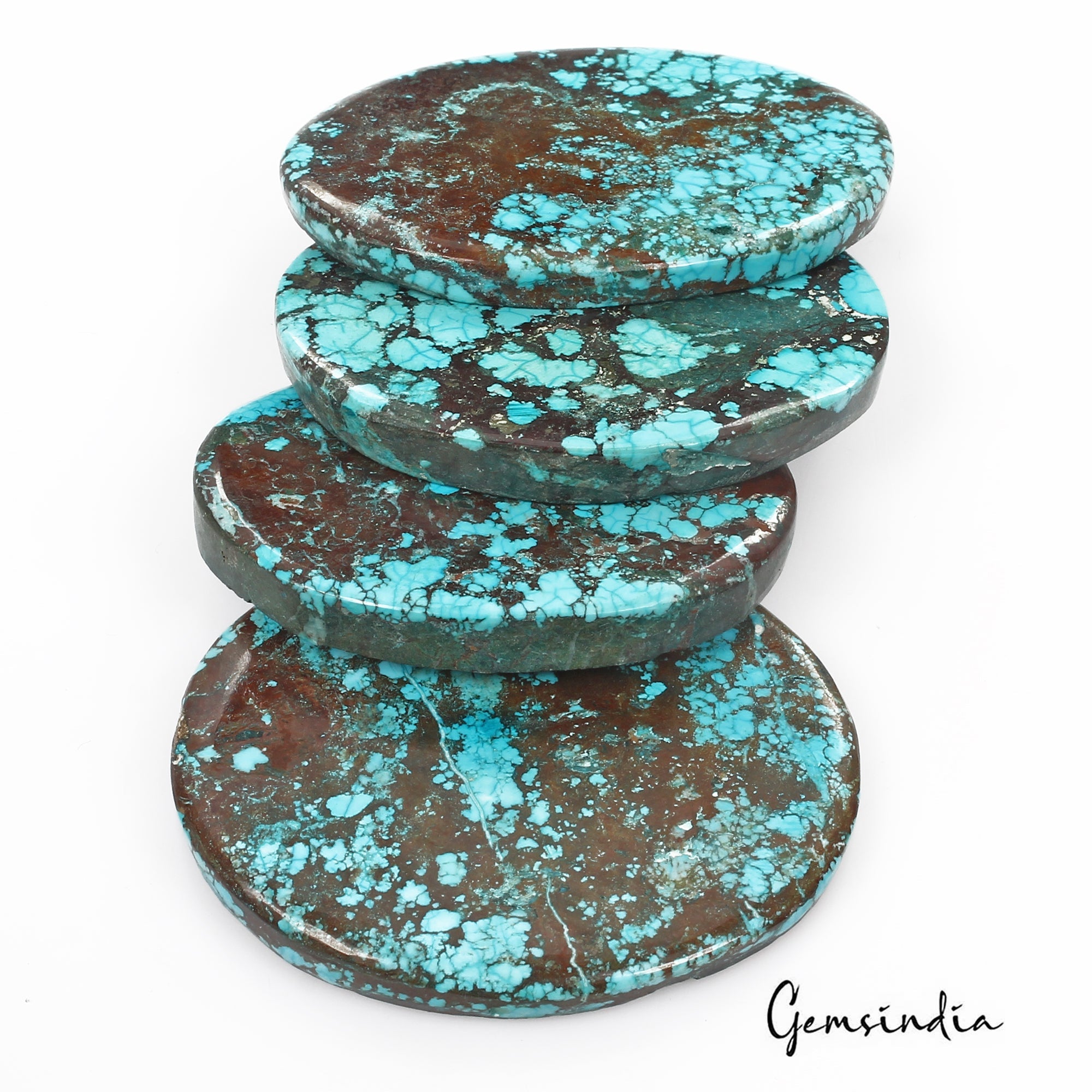 500 Cts/4 Pcs Natural Spiderweb Blue Turquoise Oval Cab Loose Gems For Pendants