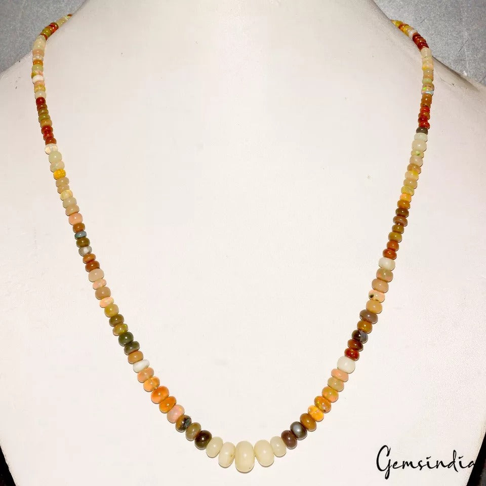 55+Ct Natural Multi Shine Ethiopian Opal Round cab Beaded Single Strand Necklace