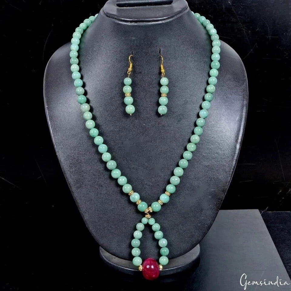 321 Cts Natural Green Emerald Red Beryl Round Cab Beaded Handmade Jewelry Set